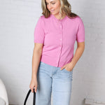 Brielle Crew Neck Cardigan - Pink FINAL SALE