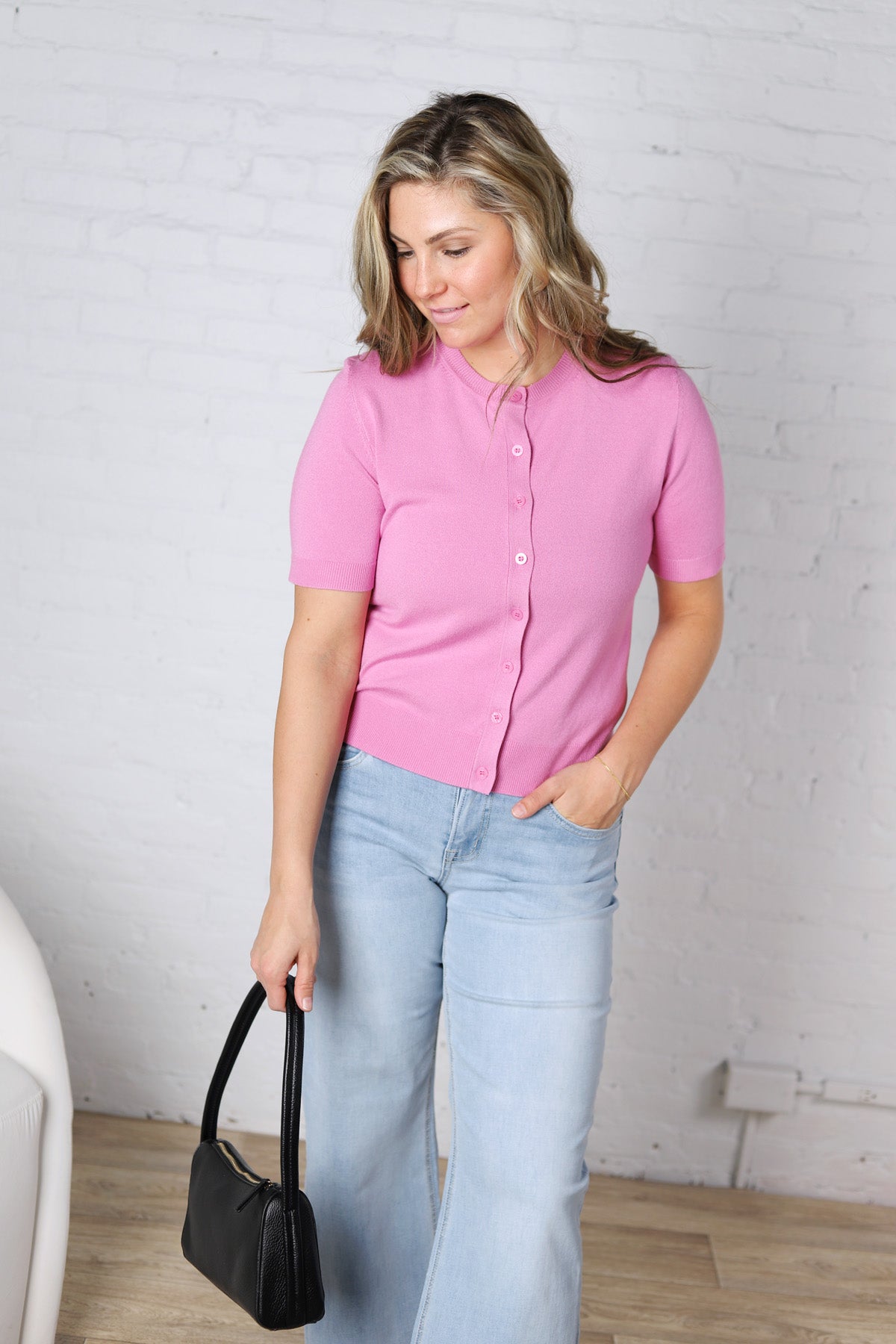 Brielle Crew Neck Cardigan - Pink FINAL SALE