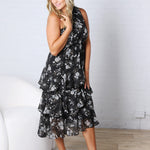 Brigette One Shoulder Tiered Midi Dress - Black Floral