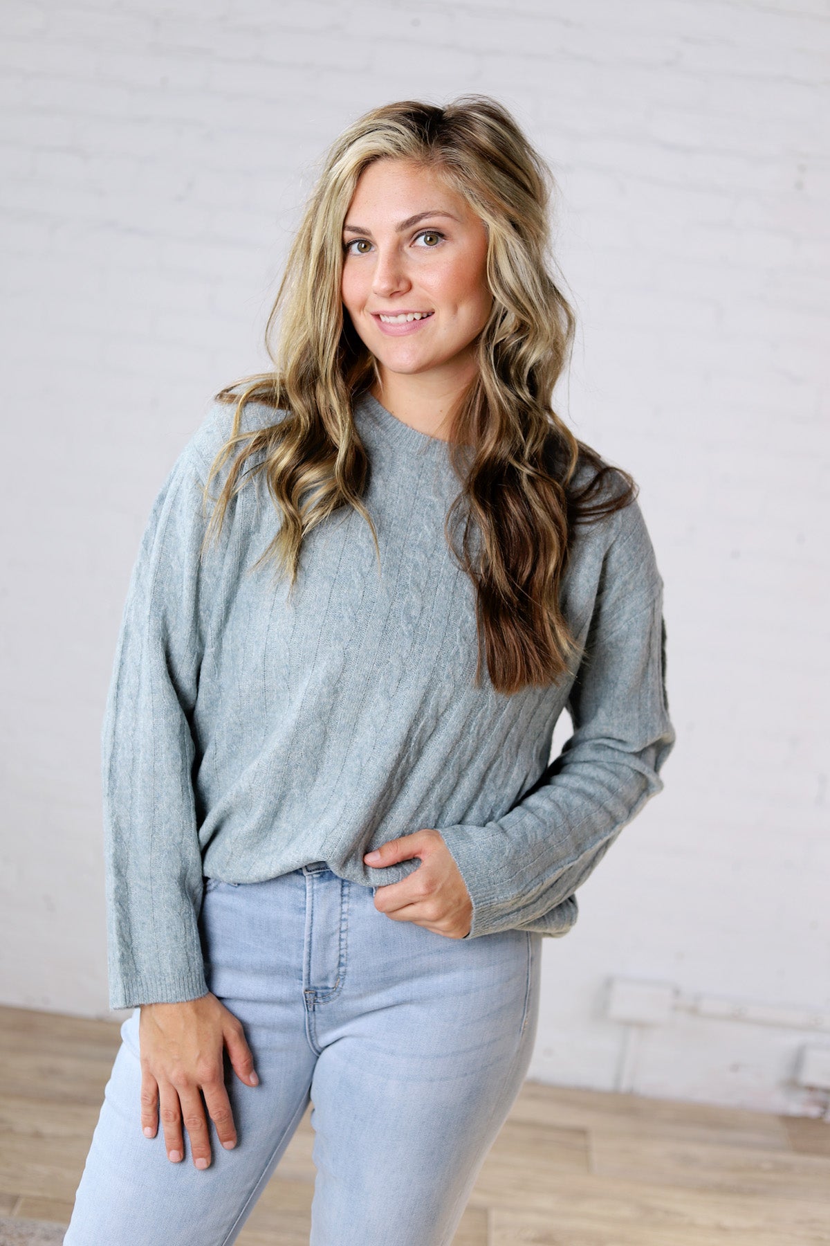 Brinlee Oversized Boy Cut Cable Knit Sweater - Blue