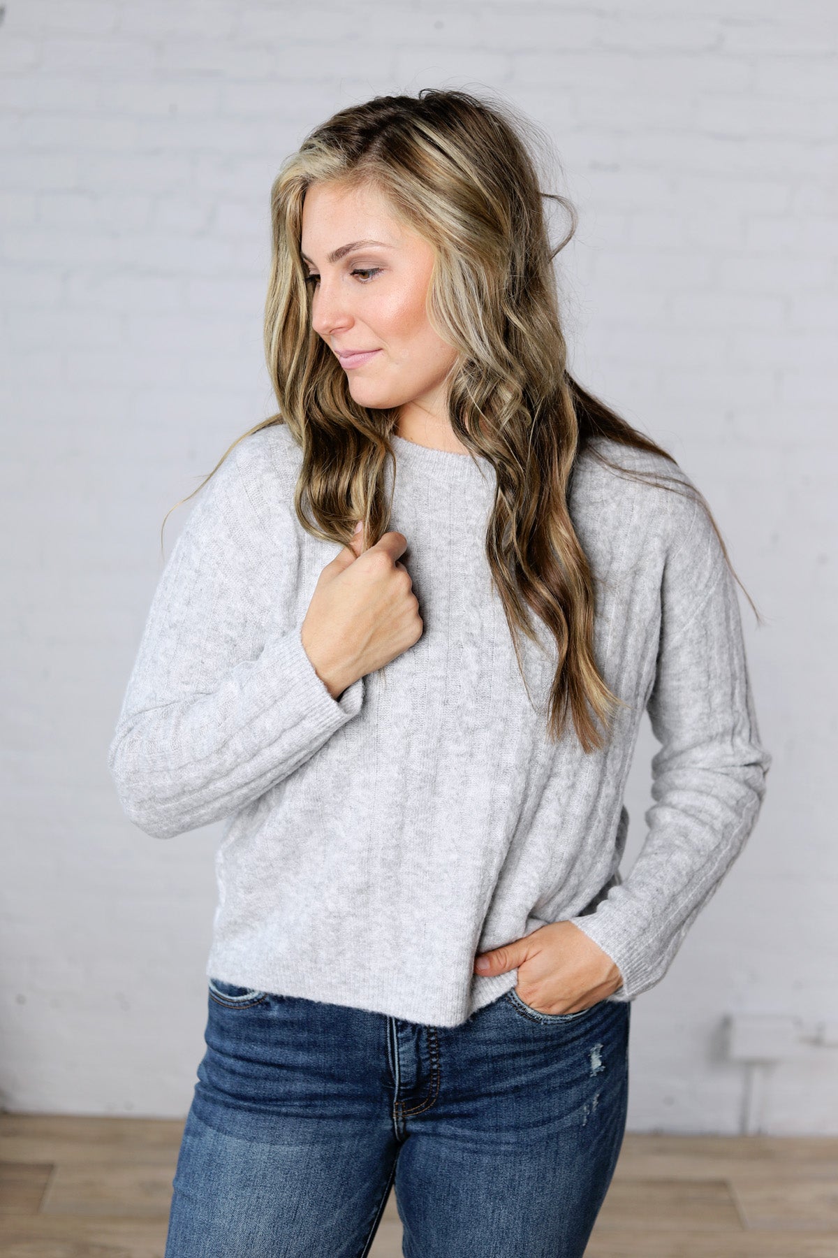 Brinlee Oversized Boy Cut Cable Knit Sweater - Heather Grey FINAL SALE