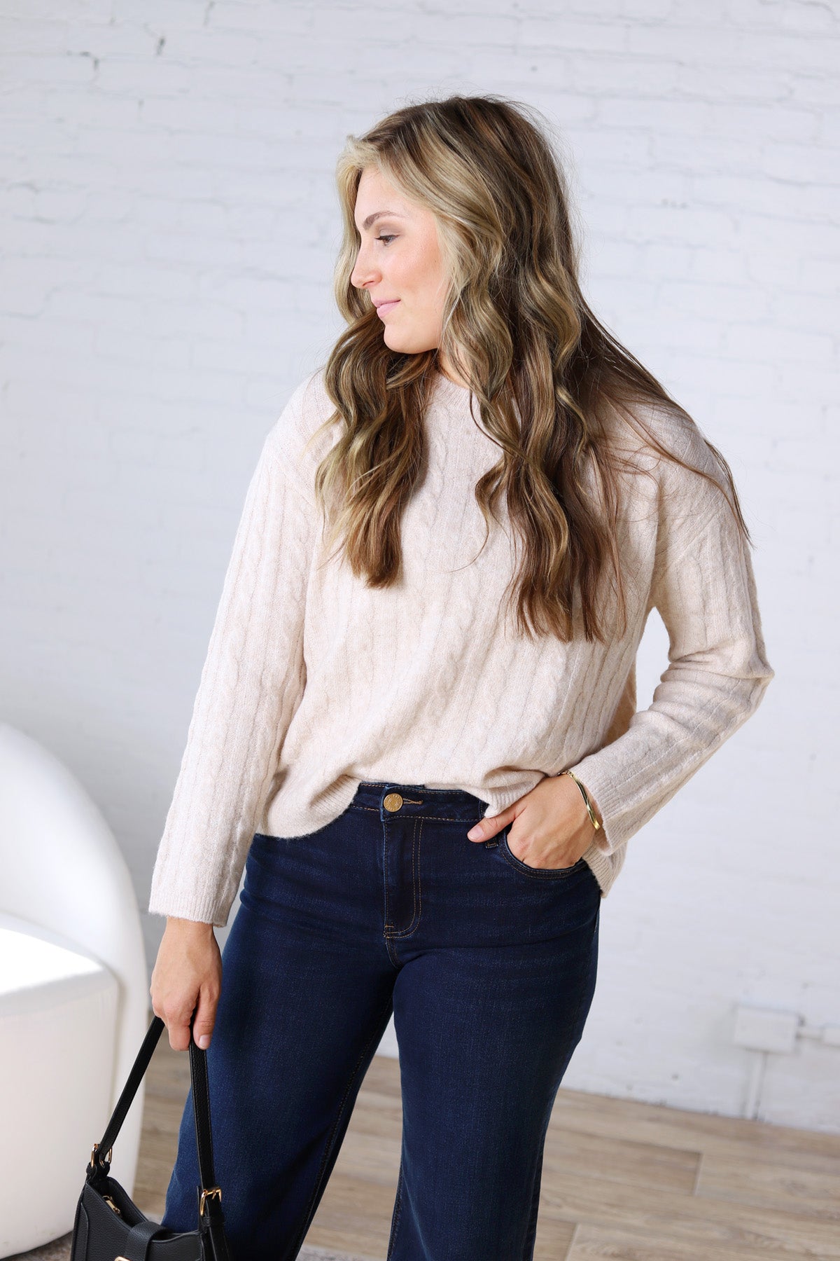 Brinlee Oversized Boy Cut Cable Knit Sweater - Ivory
