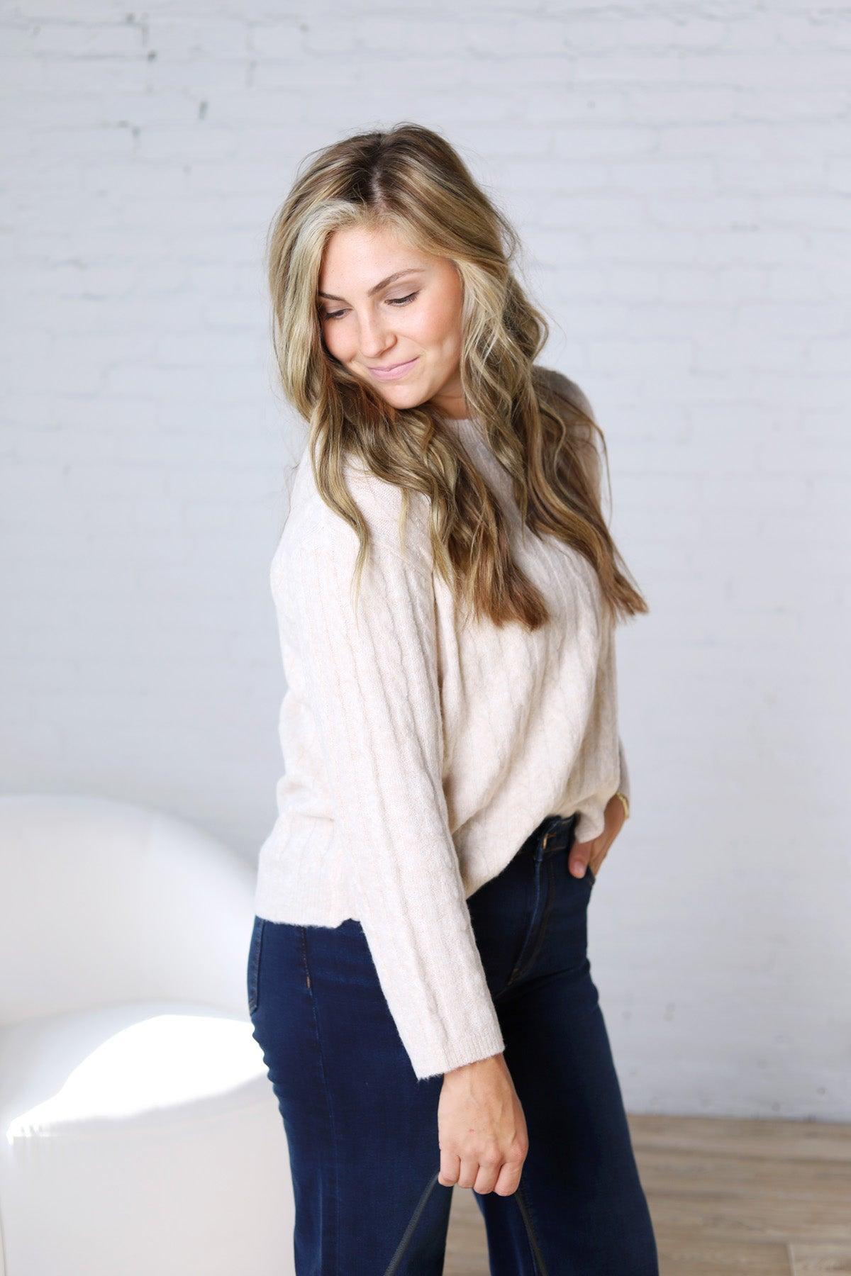 Brinlee Oversized Boy Cut Cable Knit Sweater - Ivory
