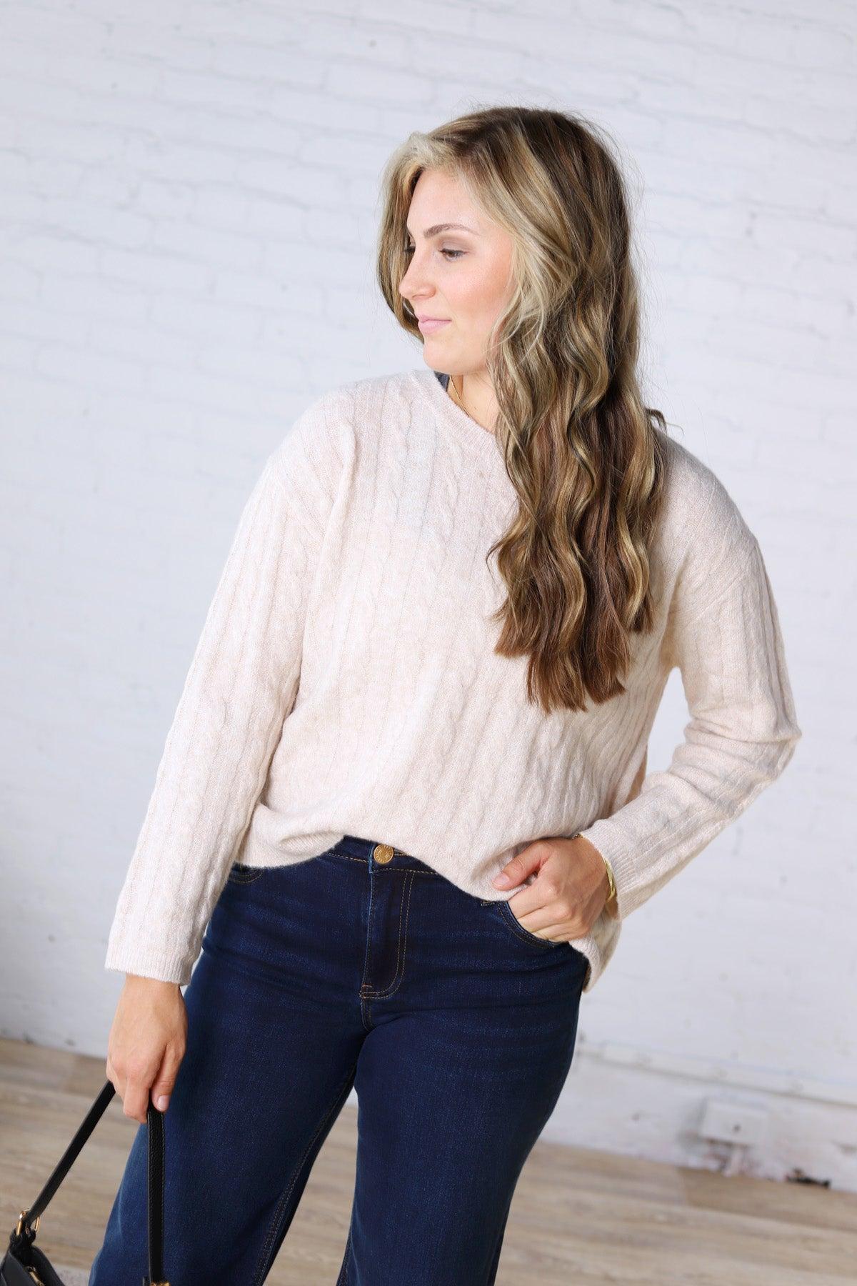 Brinlee Oversized Boy Cut Cable Knit Sweater - Ivory
