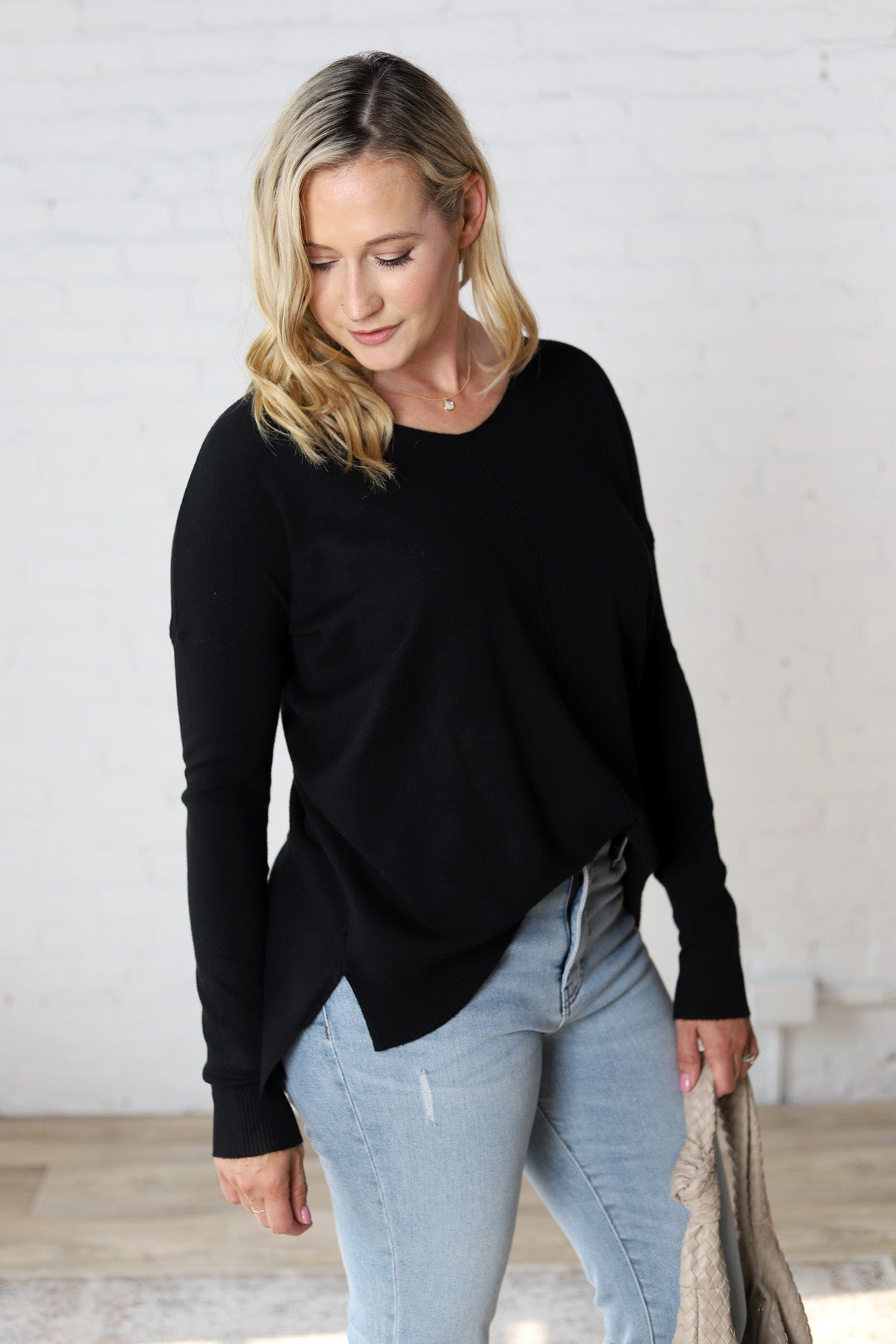 Briony Oversized High Low Sweater Top - Black