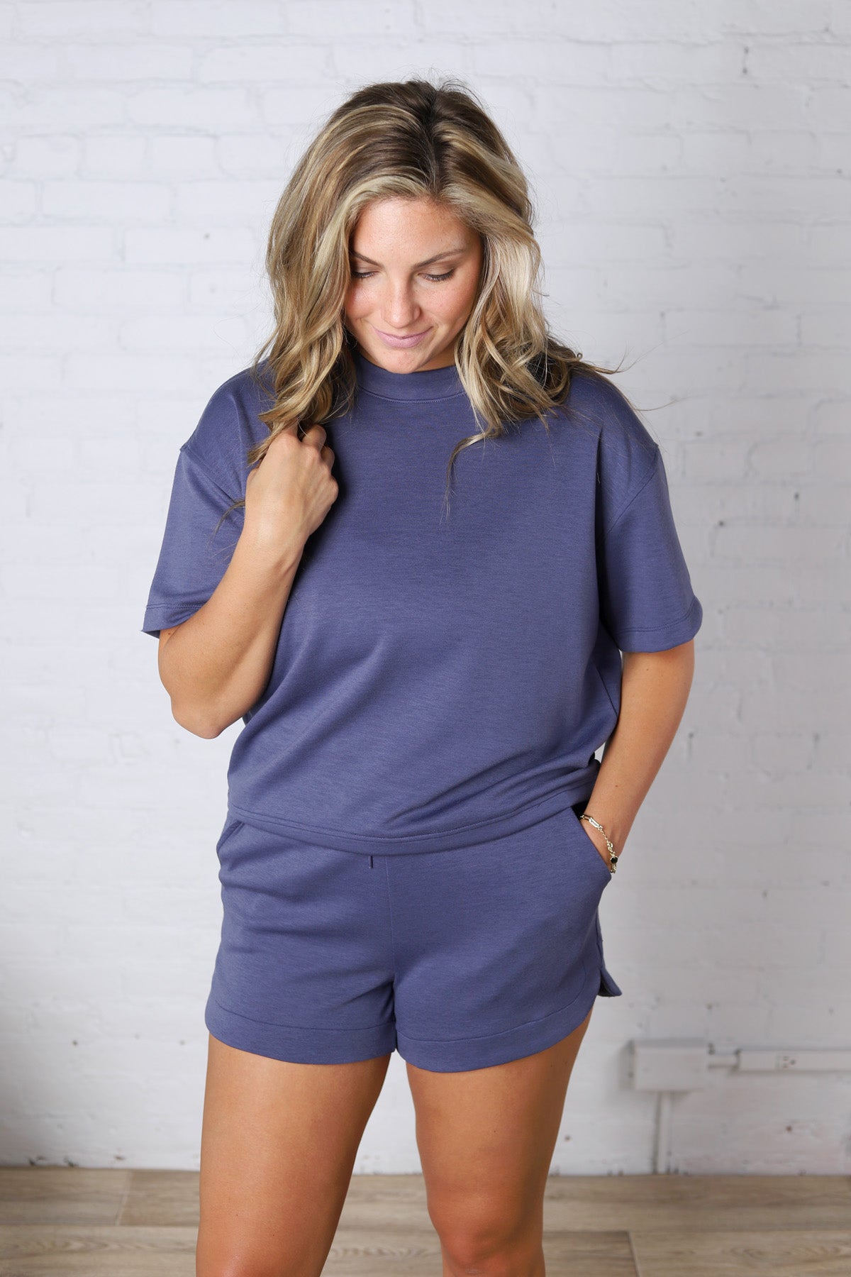 Brisa Soft Knit Round Neck Top - Blue Indigo