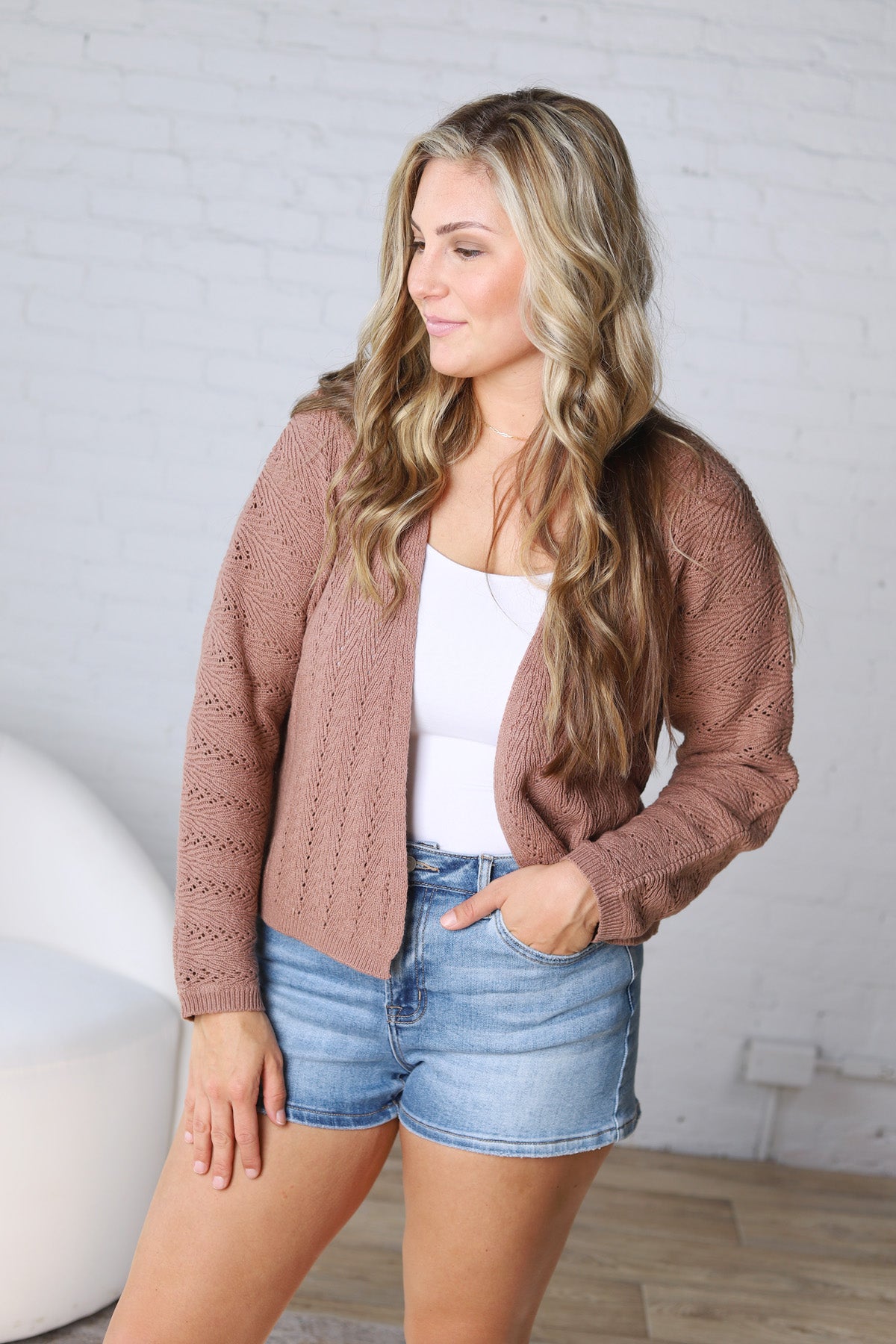 Brynlee Crochet Knit Cropped Cardigan - Mocha