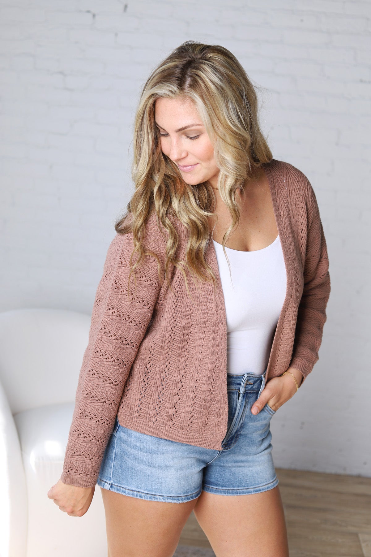 Brynlee Crochet Knit Cropped Cardigan - Mocha