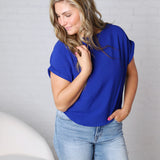 Brynley Rolled Sleeve Blouse - Royal Blue - FINAL SALE
