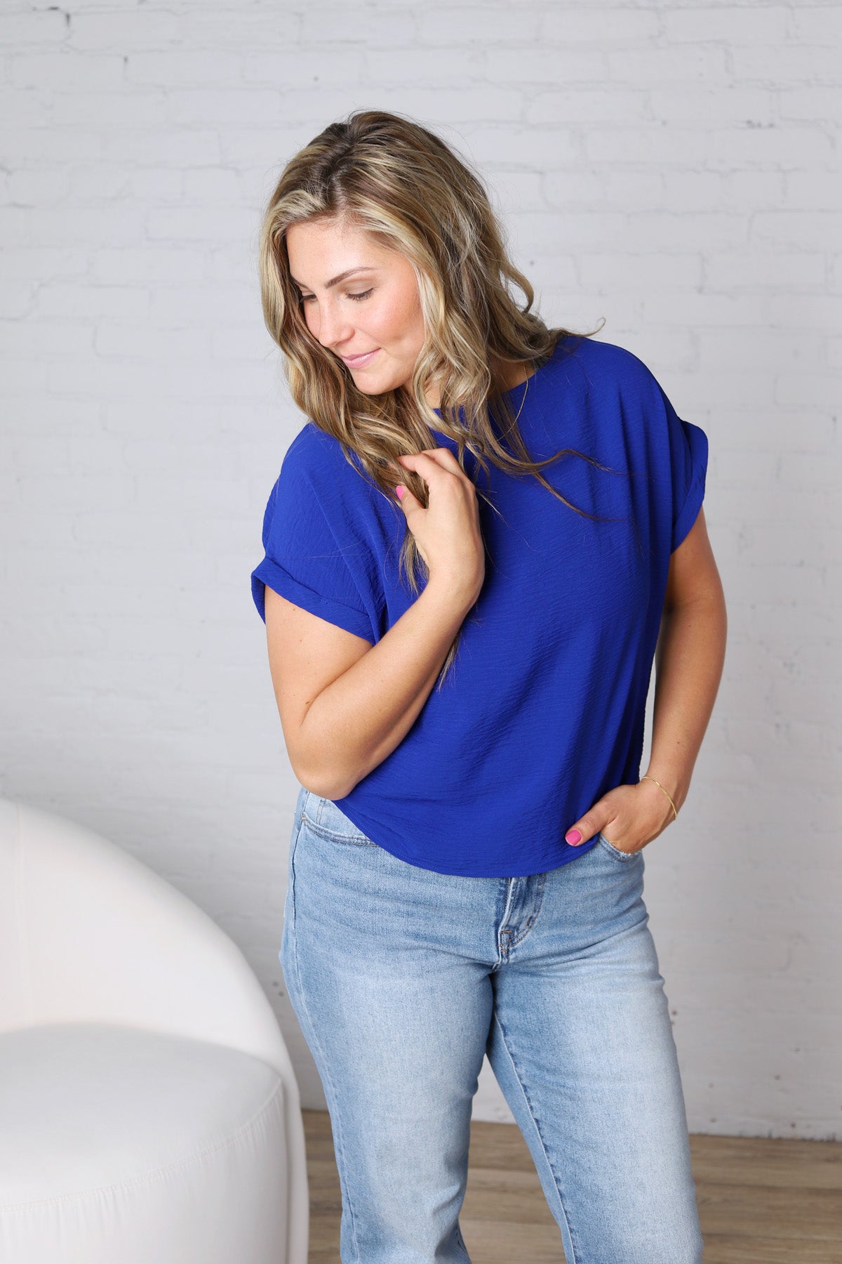 Brynley Rolled Sleeve Blouse - Royal Blue - FINAL SALE