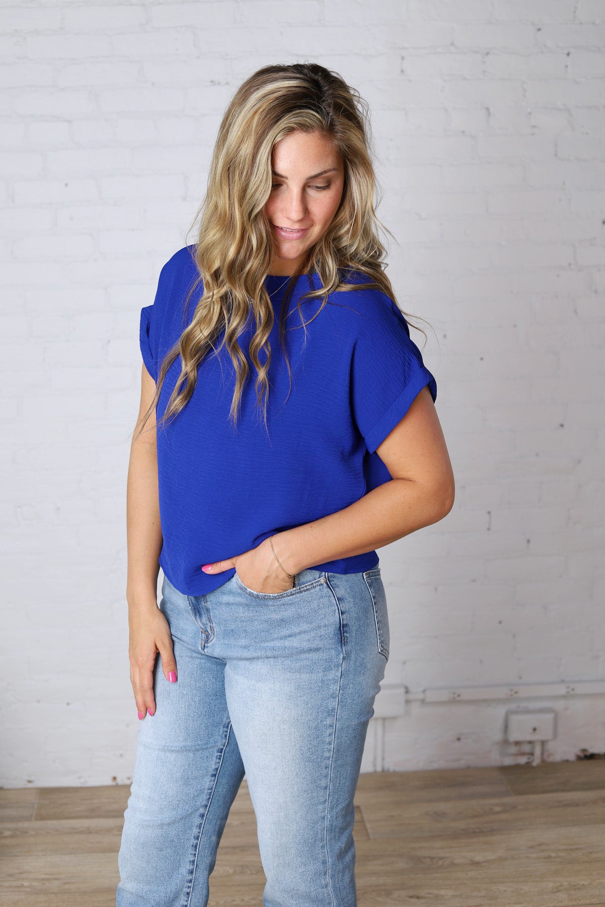 Brynley Rolled Sleeve Blouse - Royal Blue - FINAL SALE