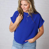 Brynley Rolled Sleeve Blouse - Royal Blue - FINAL SALE