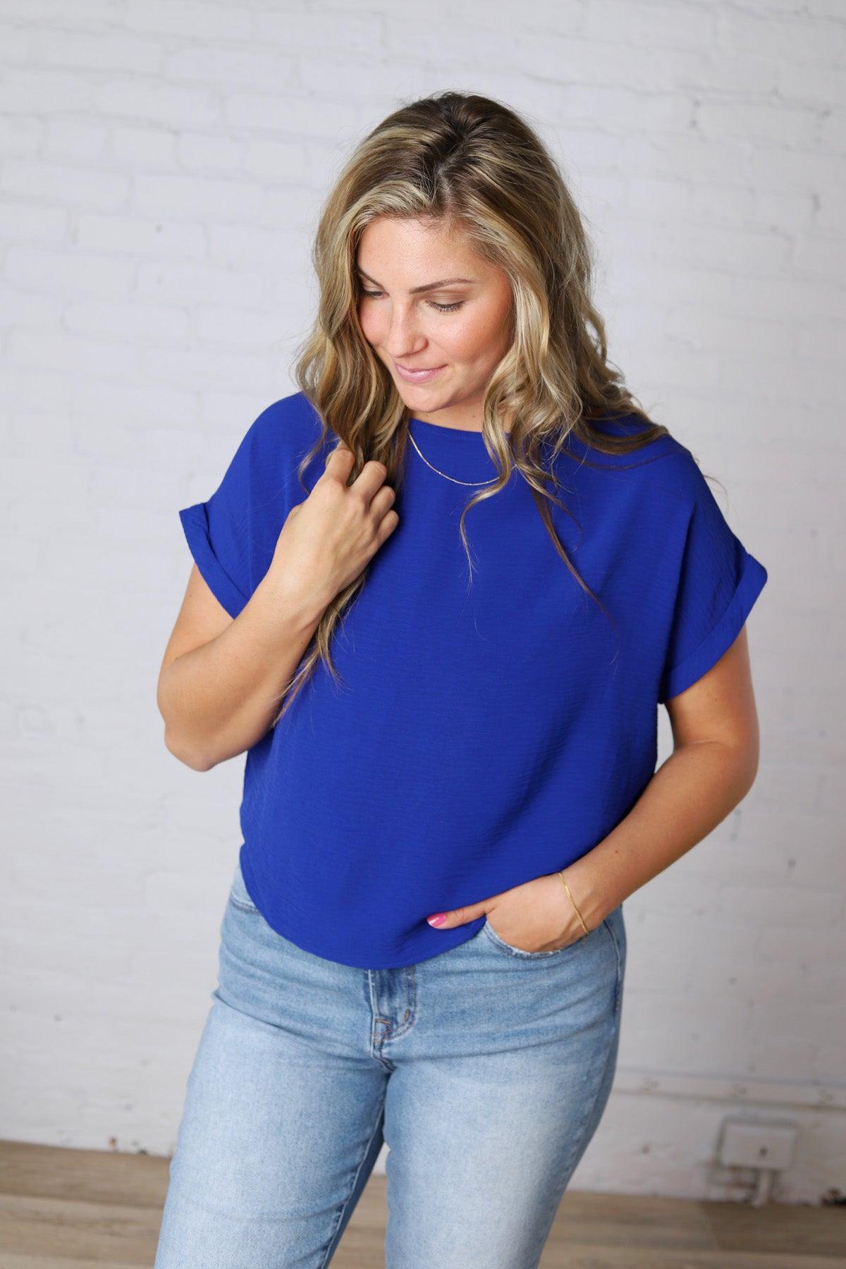 Brynley Rolled Sleeve Blouse - Royal Blue - FINAL SALE