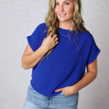 Brynley Rolled Sleeve Blouse - Royal Blue - FINAL SALE