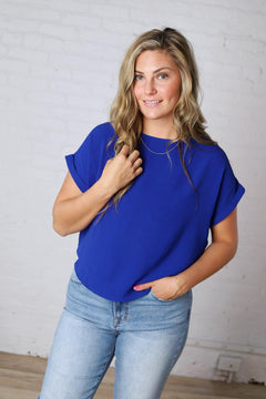 Brynley Rolled Sleeve Blouse - Royal Blue - FINAL SALE