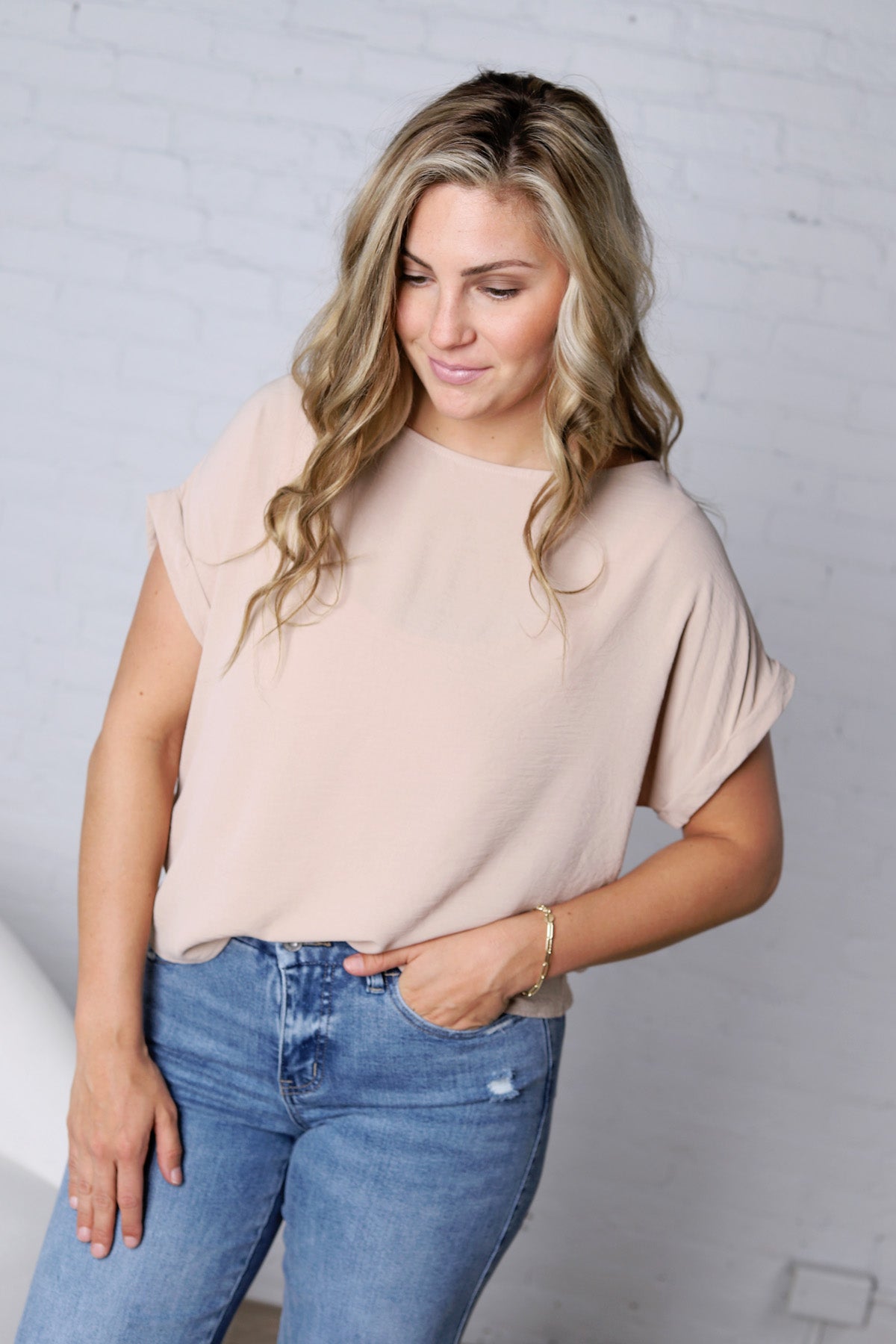 Brynley Rolled Sleeve Blouse - Taupe