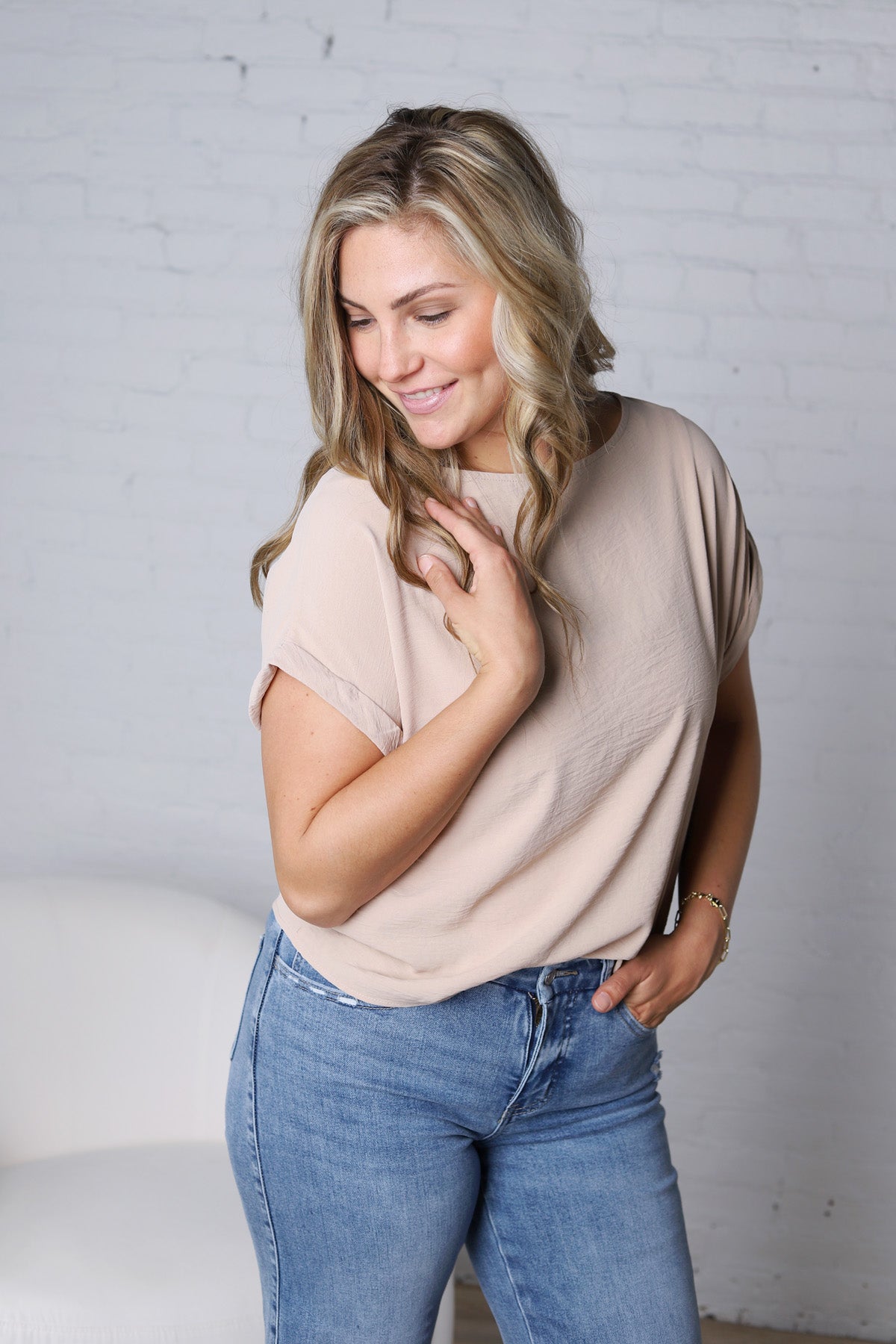 Brynley Rolled Sleeve Blouse - Taupe