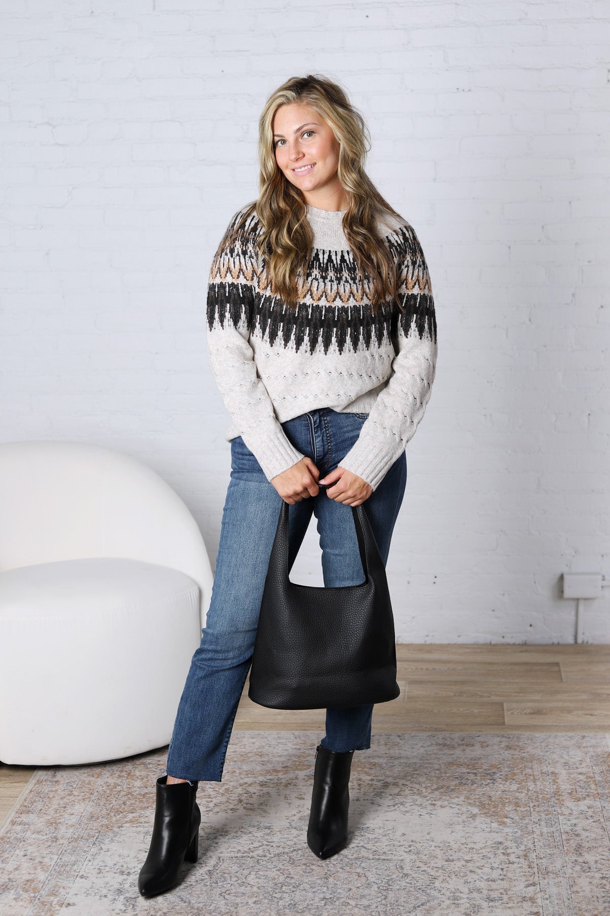 Cable Knit Fair Isle Sweater - Oatmeal