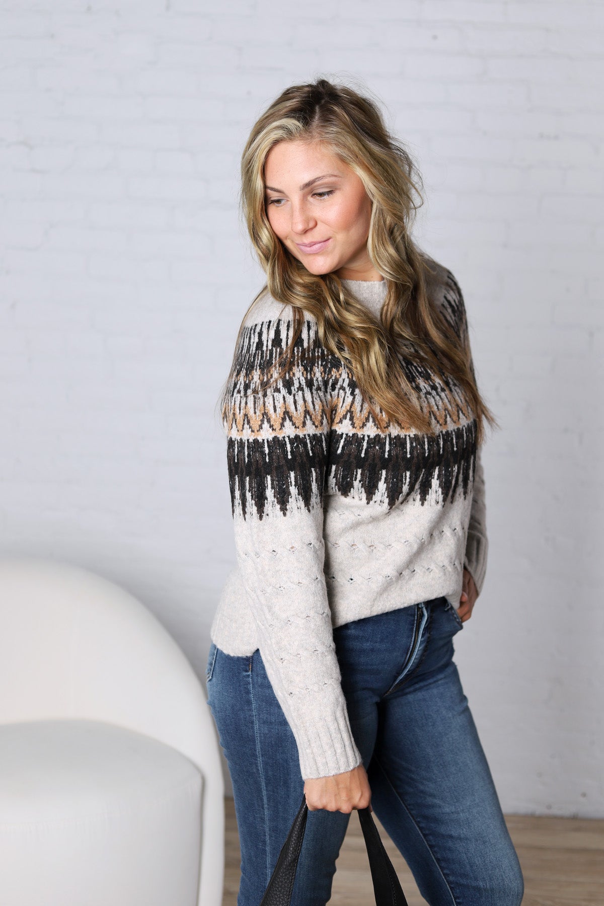 Cable Knit Fair Isle Sweater - Oatmeal