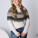 Cable Knit Fair Isle Sweater - Oatmeal