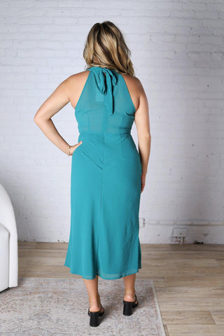 Caliah Mock Neck Chiffon Midi Dress - Teal