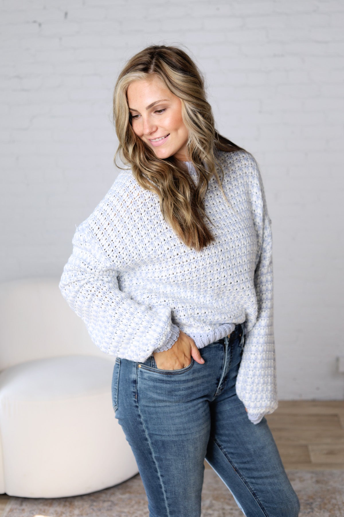 Callen Textured Two Tone Sweater - Lt. Blue