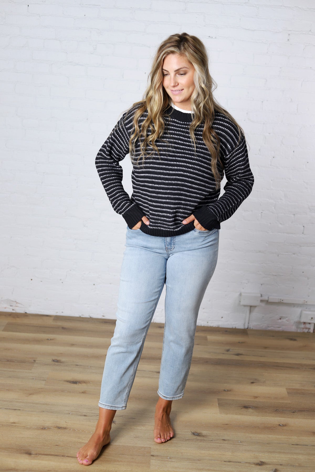Caris Striped Knit Sweater - Dark Navy