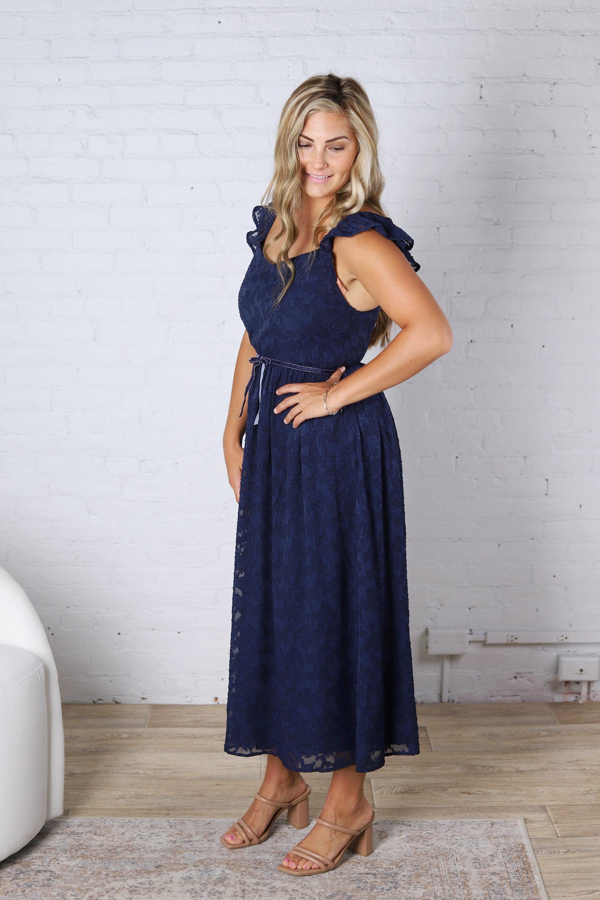 Carys Rich in Texture Velvet Midi Dress - Dk Navy FINAL SALE