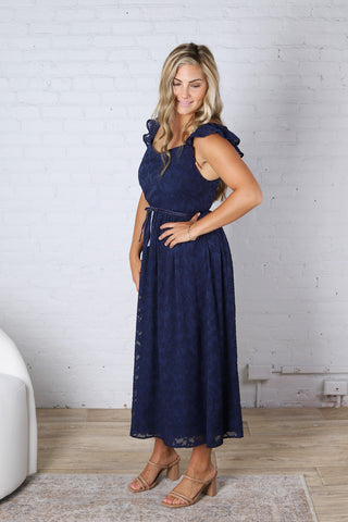 Carys Rich in Texture Velvet Midi Dress - Dk Navy FINAL SALE