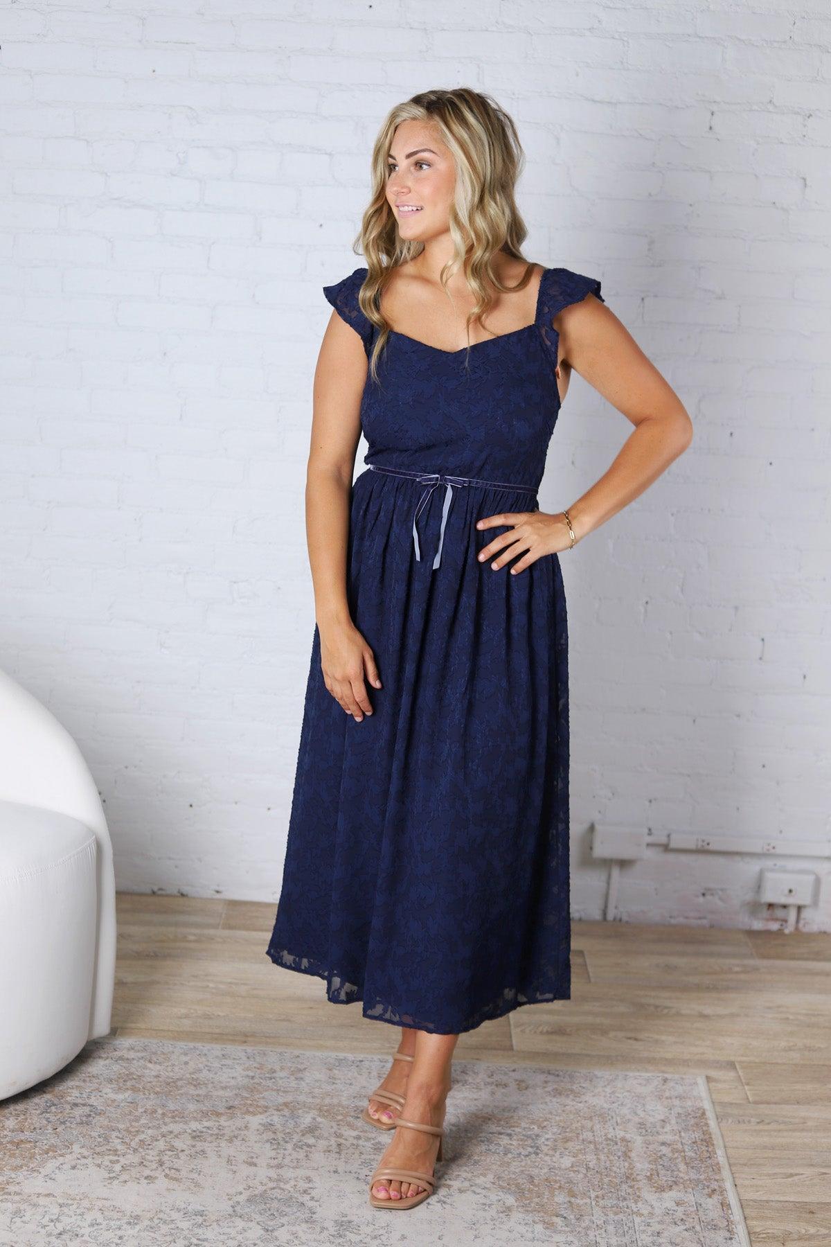 Carys Rich in Texture Velvet Midi Dress - Dk Navy FINAL SALE
