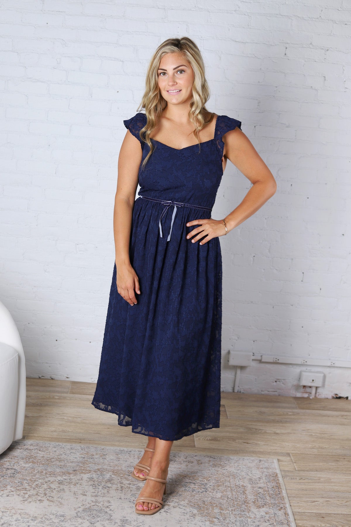 Carys Rich in Texture Velvet Midi Dress - Dk Navy FINAL SALE
