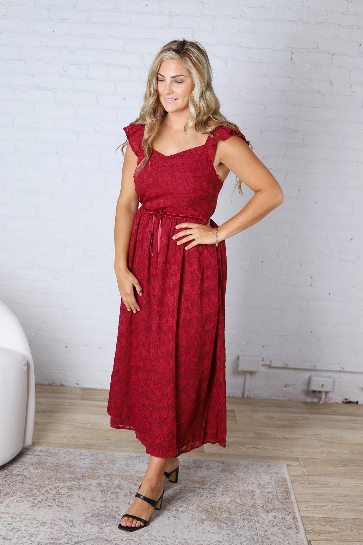 Carys Rich in Texture Velvet Midi Dress - Red Ruby FINAL SALE