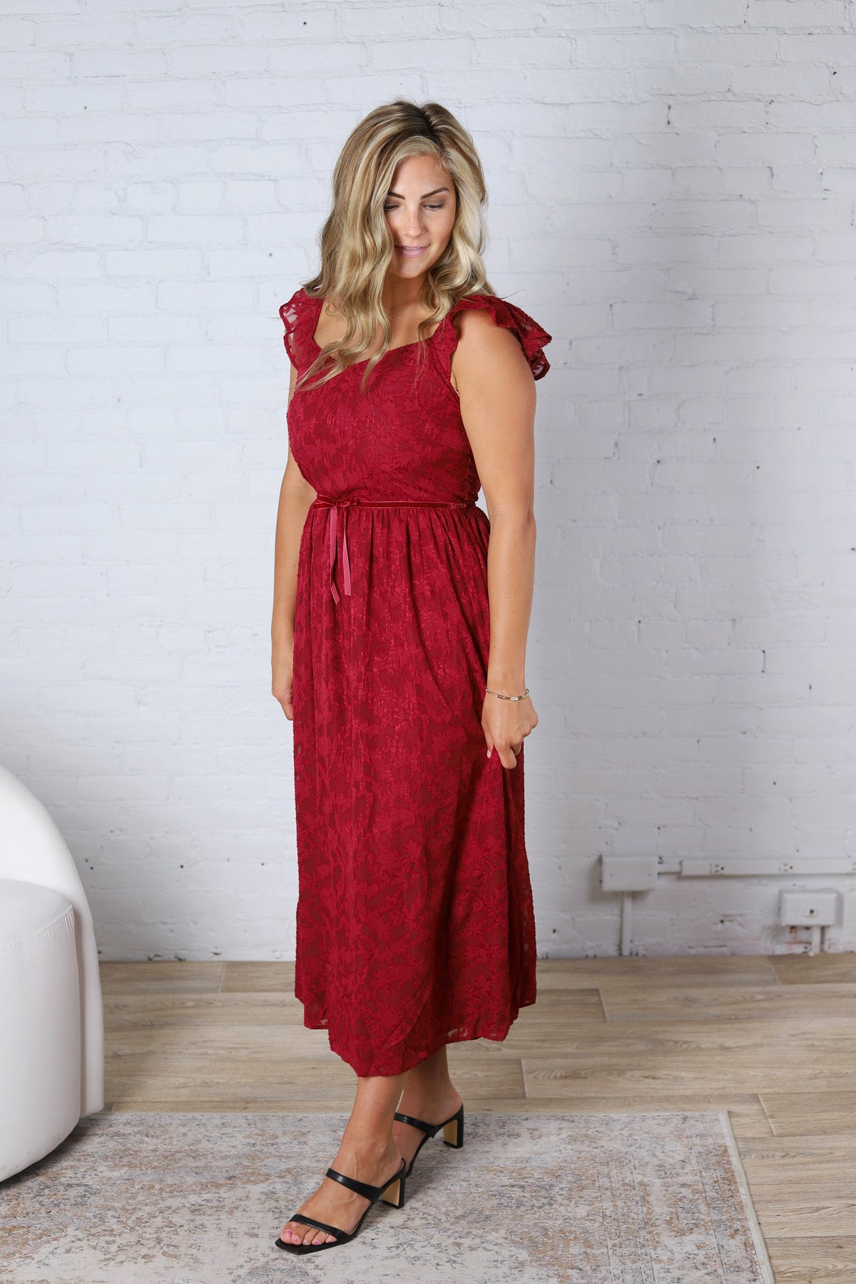 Carys Rich in Texture Velvet Midi Dress - Red Ruby FINAL SALE