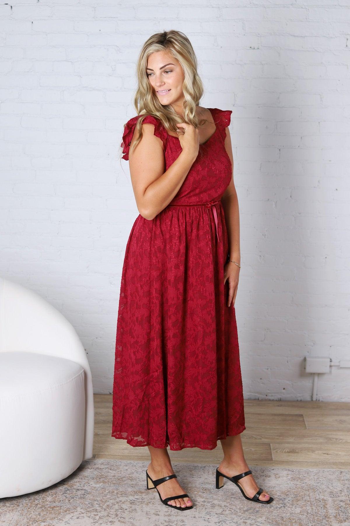 Carys Rich in Texture Velvet Midi Dress - Red Ruby FINAL SALE
