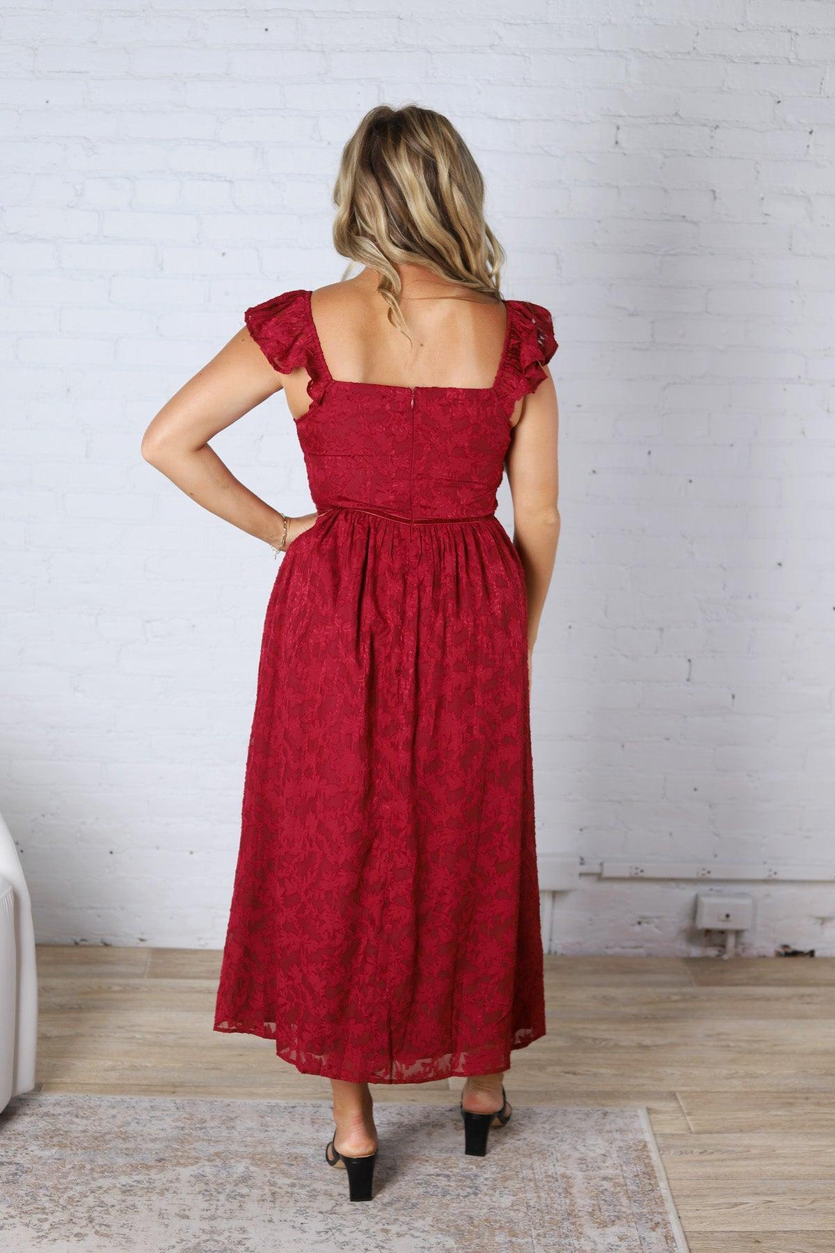 Carys Rich in Texture Velvet Midi Dress - Red Ruby FINAL SALE