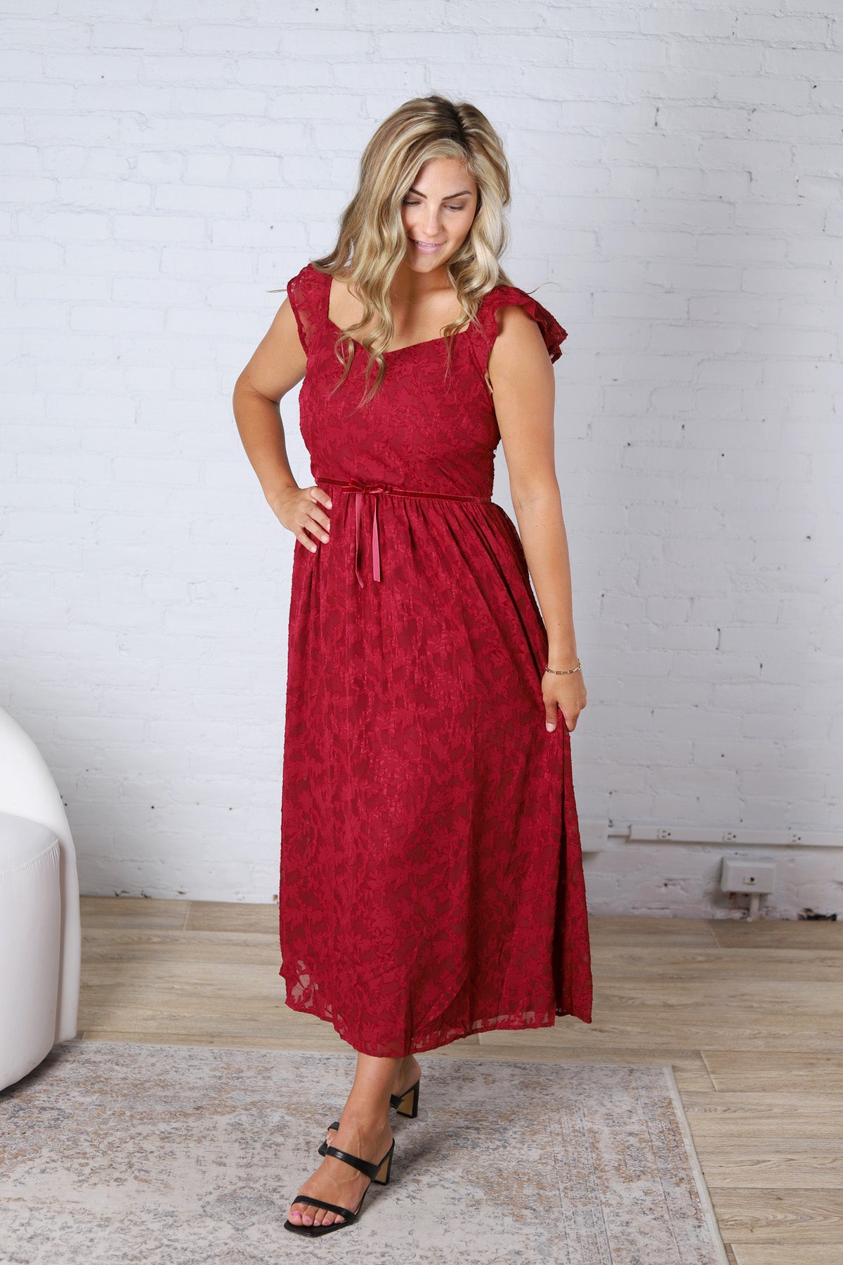 Carys Rich in Texture Velvet Midi Dress - Red Ruby FINAL SALE