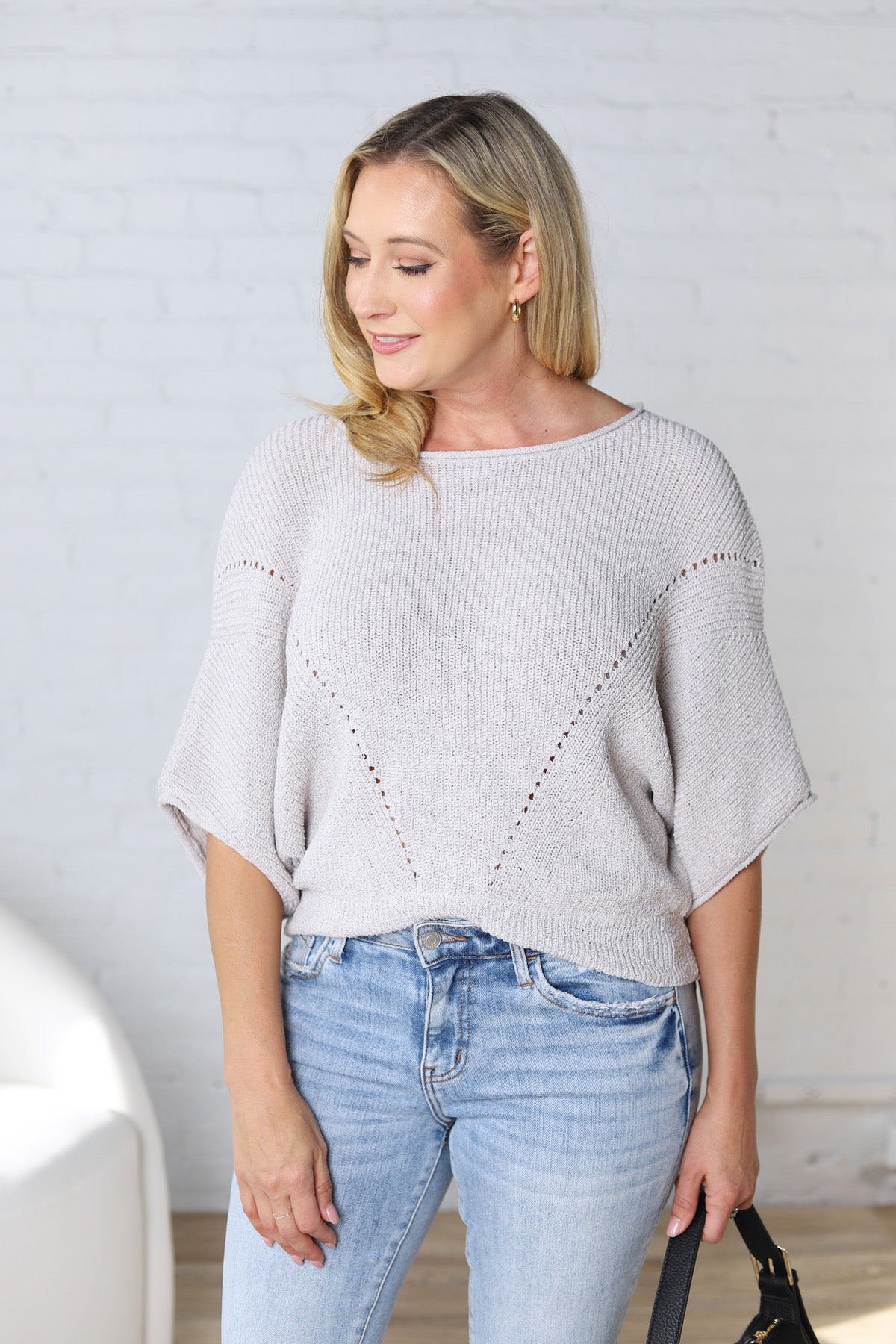 Cassia Pointelle Knit Sweater - Silver Grey