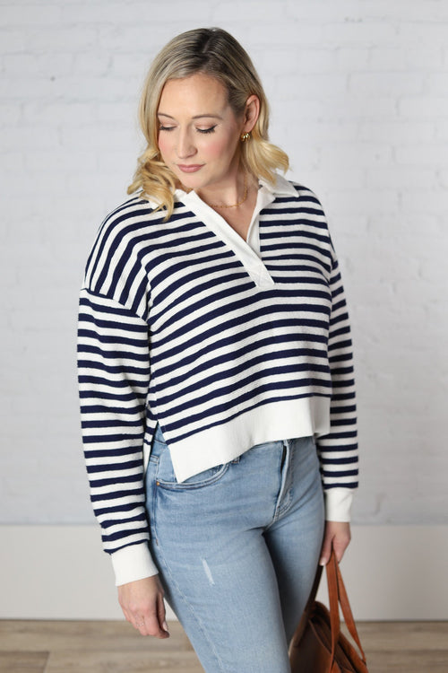 Cathy Striped Drop Sleeve Collared Knit Top
