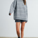 Catori Striped Pattern Drop Shoulder Sweater - Blue