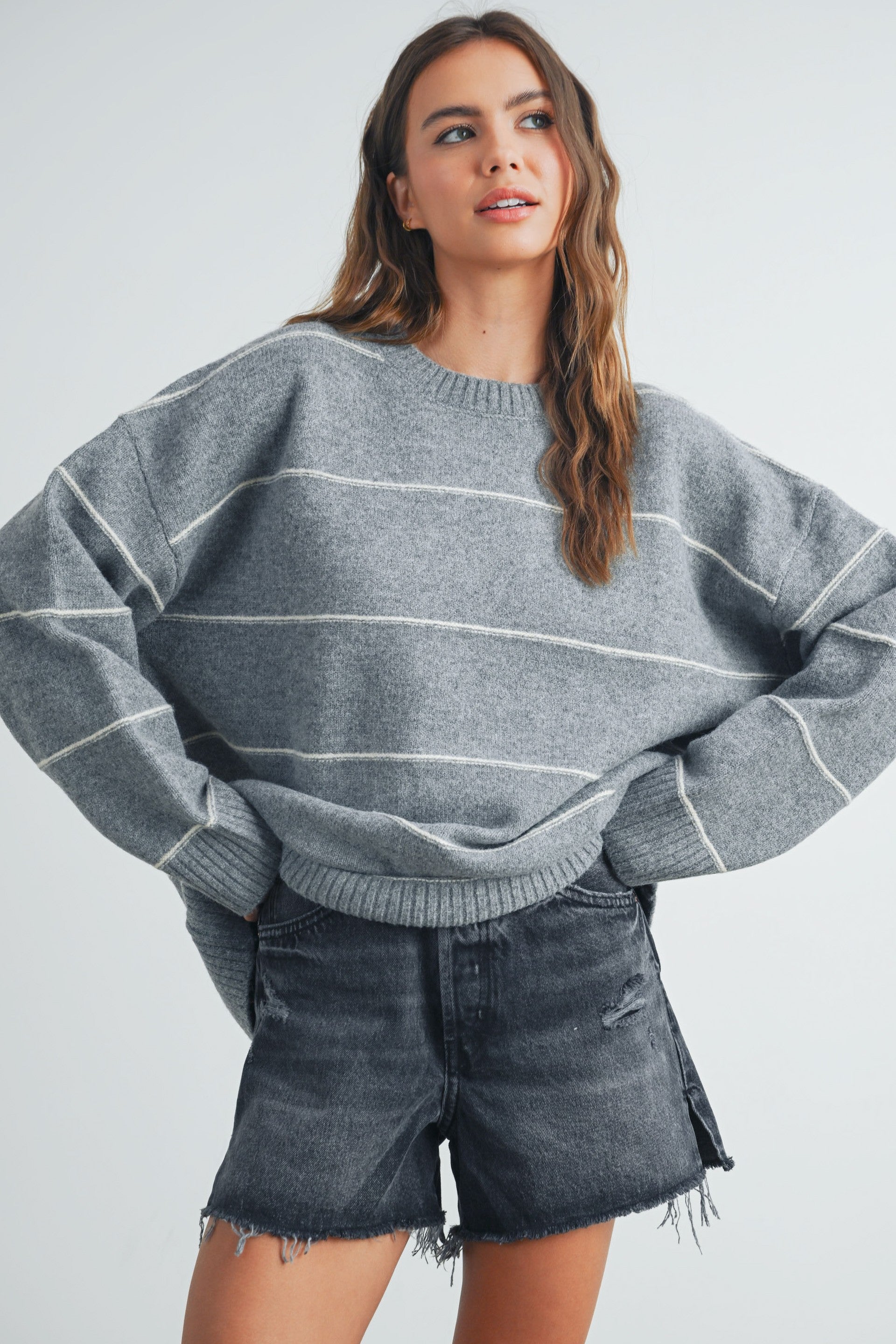 Catori Striped Pattern Drop Shoulder Sweater - Blue