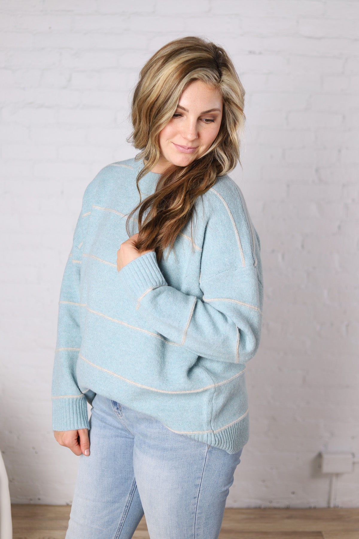 Catori Striped Pattern Drop Shoulder Sweater - Blue