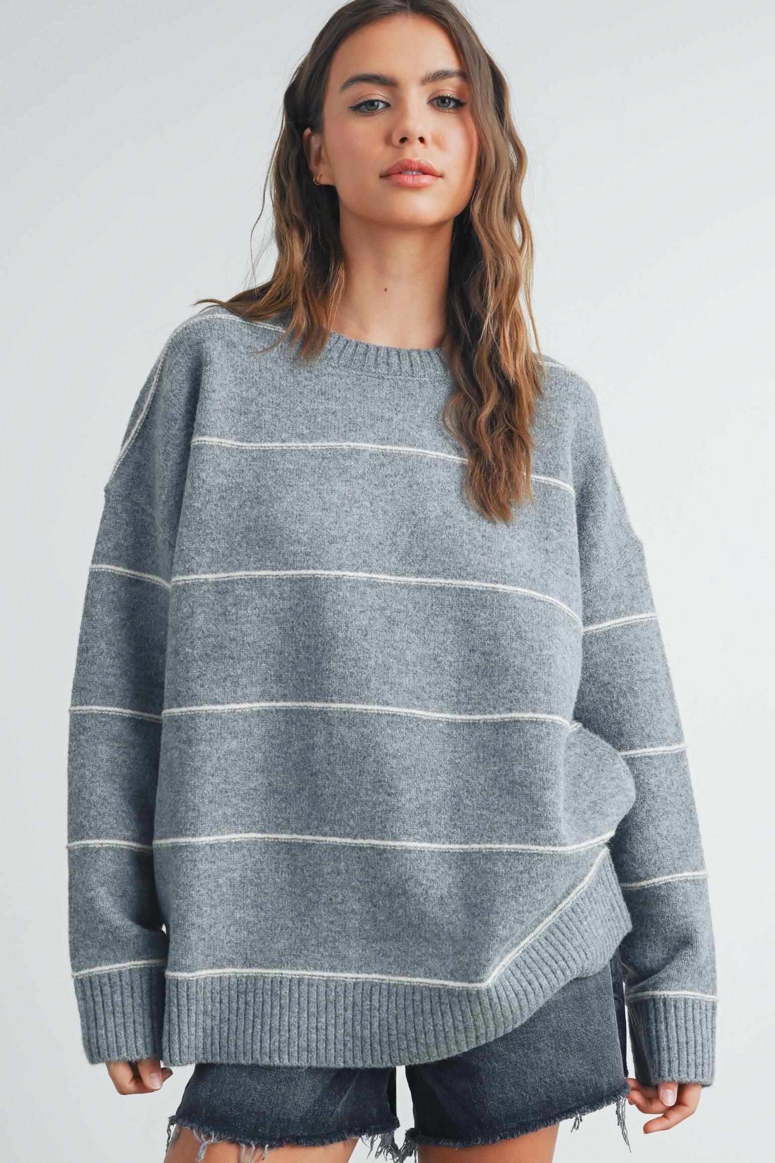 Catori Striped Pattern Drop Shoulder Sweater - Blue