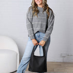 Catori Striped Pattern Drop Shoulder Sweater - Grey