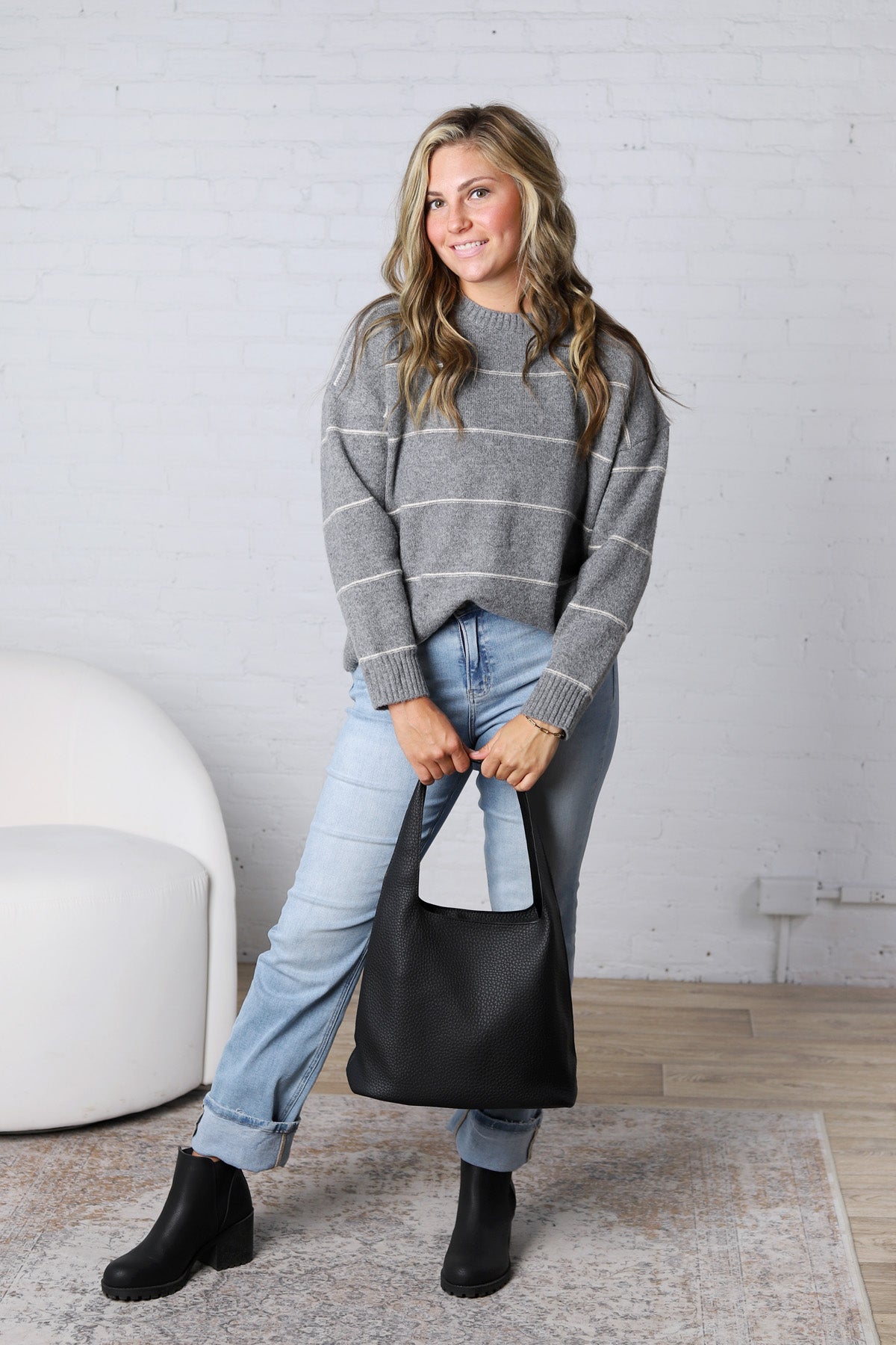 Catori Striped Pattern Drop Shoulder Sweater - Grey