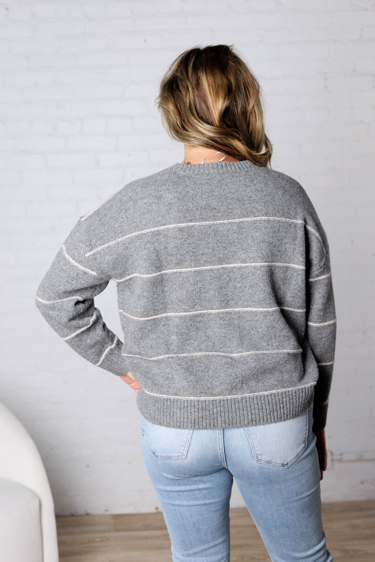 Catori Striped Pattern Drop Shoulder Sweater - Grey