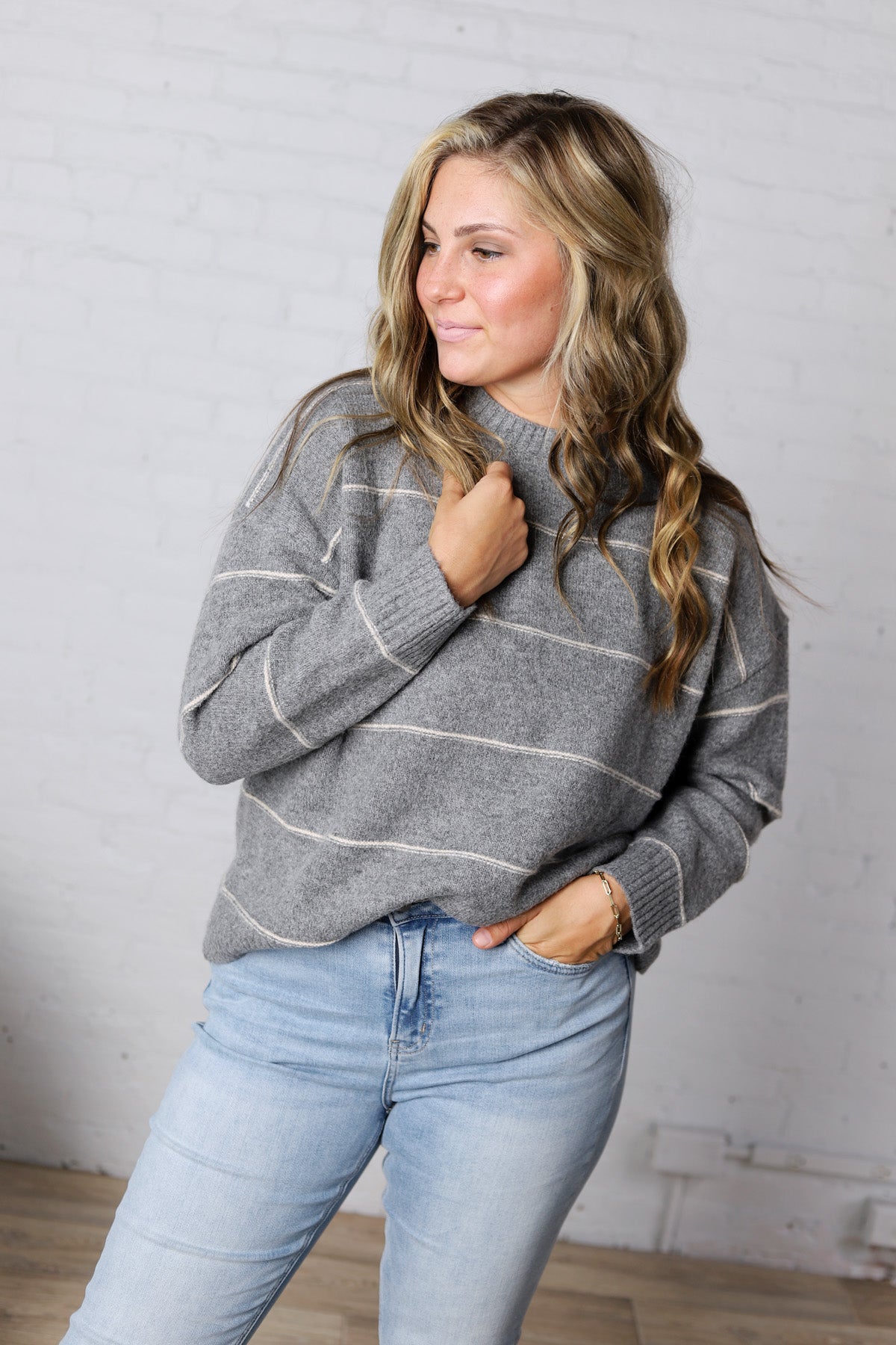Catori Striped Pattern Drop Shoulder Sweater - Grey FINAL SALE