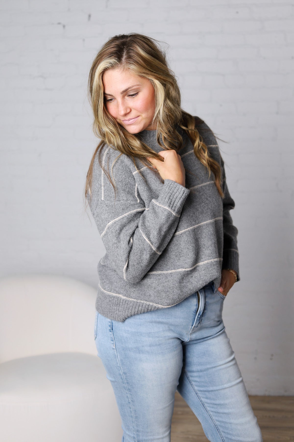 Catori Striped Pattern Drop Shoulder Sweater - Grey FINAL SALE