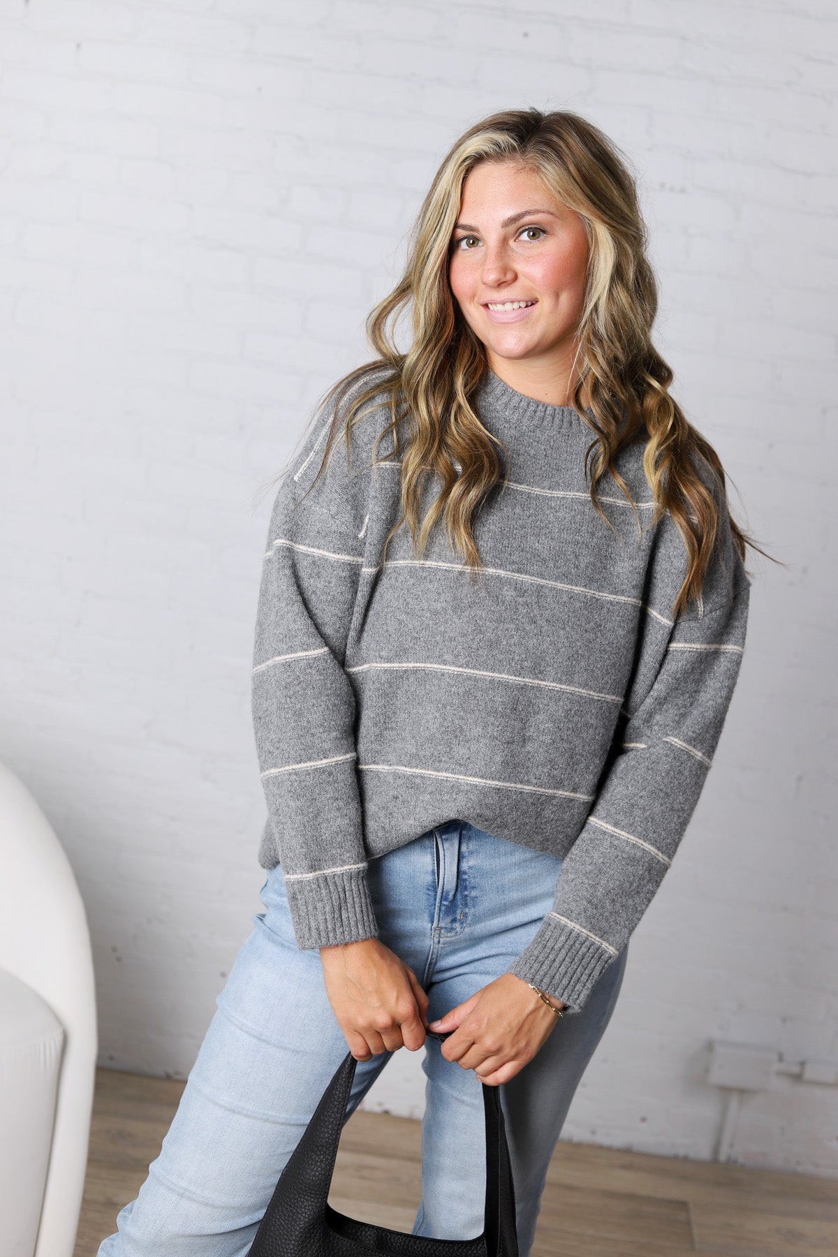 Catori Striped Pattern Drop Shoulder Sweater - Grey