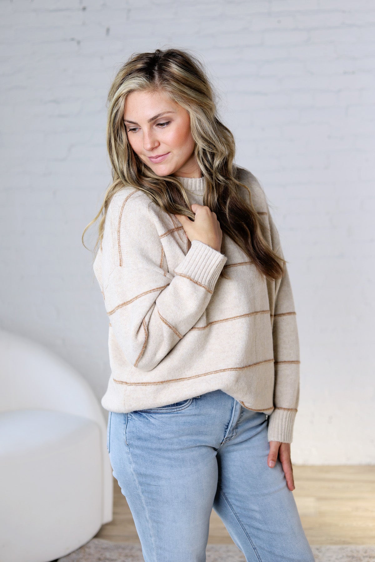 Catori Striped Pattern Drop Shoulder Sweater - Taupe