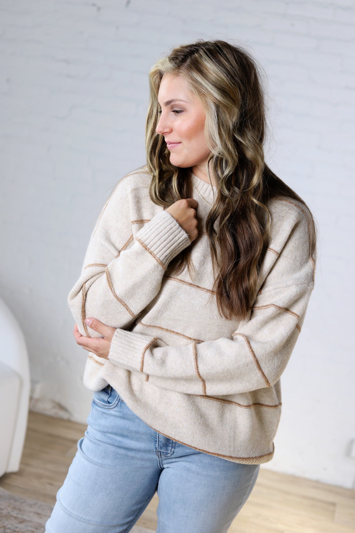 Catori Striped Pattern Drop Shoulder Sweater - Taupe